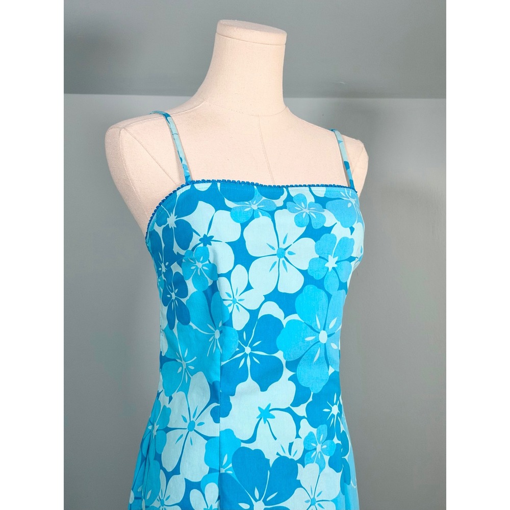 Vintage 1990s / 2000s Blue Flower Dress 90s Y2K Hawaiian Beach Frutiger Aero - Picture 5 of 10